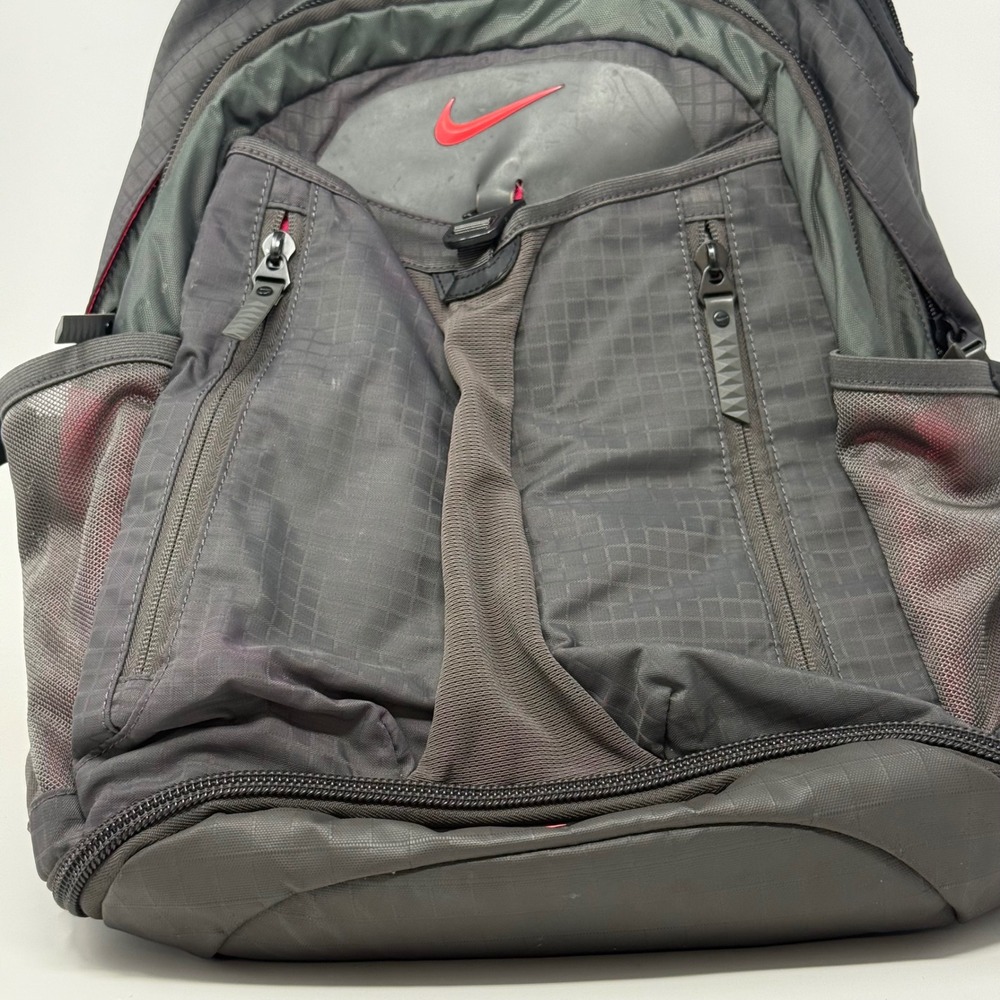 Nike Sport Backpack Grey Red Ripstop Multi-Pocket Shoe Compartment Training Bag - Picture 3 of 14
